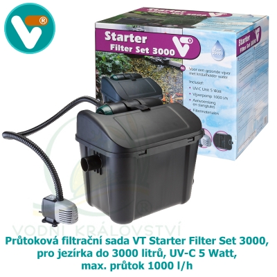 Průtoková filtrační sada VT Starter Filter Set 3000, pro jezírka do 3000 litrů, UV-C 5 Watt, max. průtok 1000 l/h, hadice