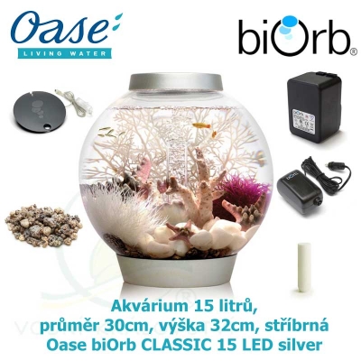 Akvárium 15 litrů, průměr 30cm, výška 32cm, stříbrná - Oase biOrb CLASSIC 15 LED silver