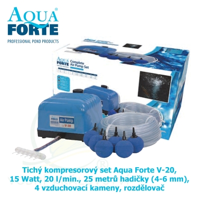 Tichý kompresorový set Aqua Forte V-20, 15 Watt, 20 l/min., 25 metrů hadičky (4-6 mm), 4 vzduchovací kameny, rozdělovač