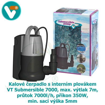 Kalové čerpadlo s interním plovákem VT Submersible 7000, max. výtlak 7m, průtok 7000l/h, příkon 350W, min. sací výška 5 mm